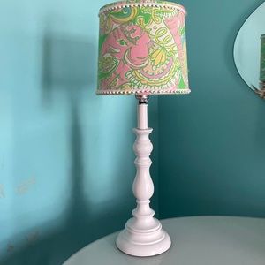 Lily Pulitzer  lamp shade and white wooden candlestick  lamp